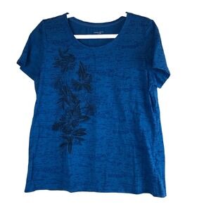 Laura Scott Womens Shirt Size Large Blue Short Sleeve Top Floral Print Basic